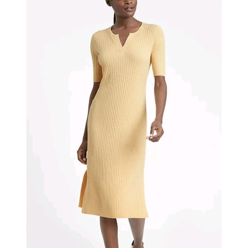 Banana Republic Women Butter Yellow Ribbed Sweater Dress Midi Knit Cotton Medium - Picture 1 of 8